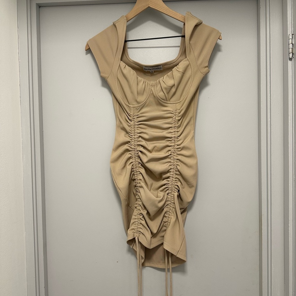 Almost Famous Beige Ruched Mini Dress
